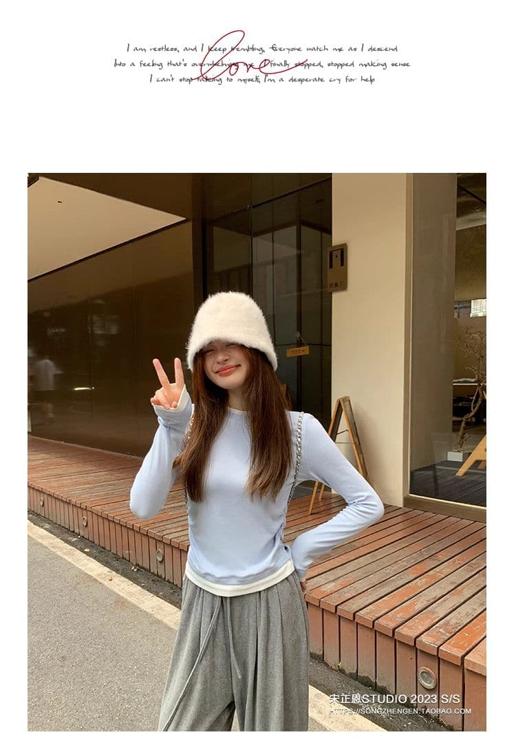 디자인 센스 페이크 레이어드 기본 셔츠 여성 패치워크 주름 티셔츠 이른 가을 작은 대중 긍정적 인 어깨 아메리칸 레트로 긴팔 맨위 상세 이미지 28