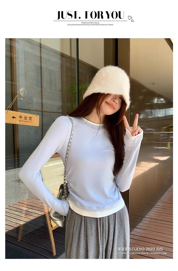디자인 센스 페이크 레이어드 기본 셔츠 여성 패치워크 주름 티셔츠 이른 가을 작은 대중 긍정적 인 어깨 아메리칸 레트로 긴팔 맨위 상세 이미지 31