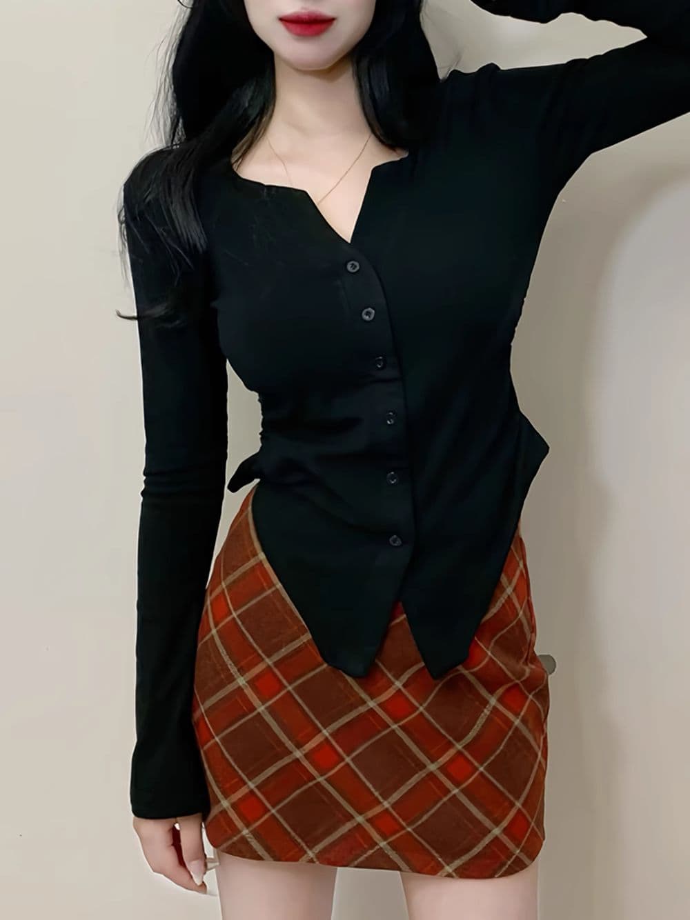 De 플러시 새로운 핫걸 허리 수축 셔츠 V넥 기본 셔츠 맨위 빅 사이즈 지방 mm 불규칙 인사이드 가져 가라. 긴팔 티셔츠 여성 상세 이미지 15