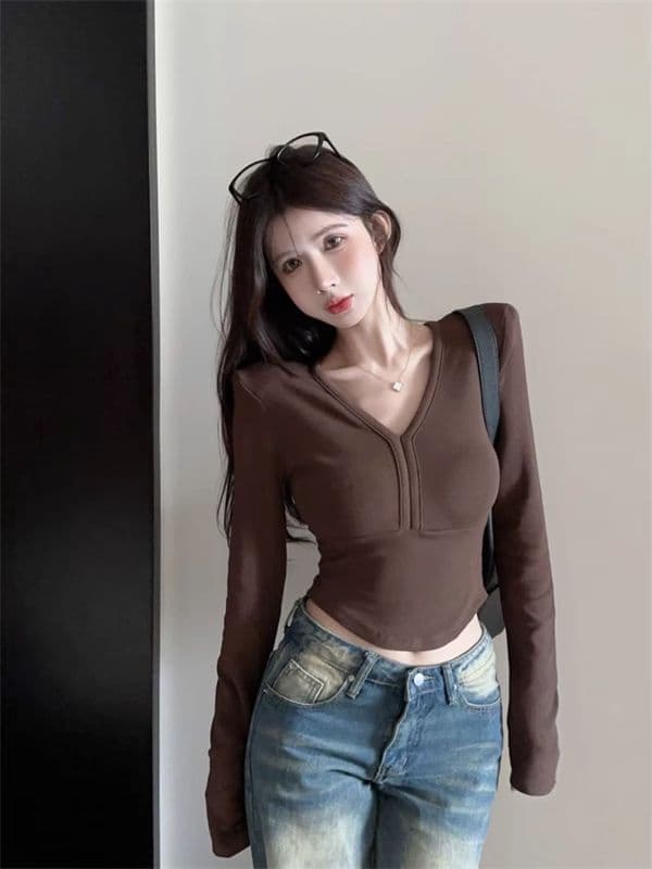 가을 겨울 새로운 두꺼운 연삭 털 De 플러시 인사이드 잡아라. 의류 여성 섹시함 낮은 가슴 V넥 몸매 가꾸기 긴팔 긍정적 인 어깨 티셔츠 쇼트 스타일 상세 이미지 10