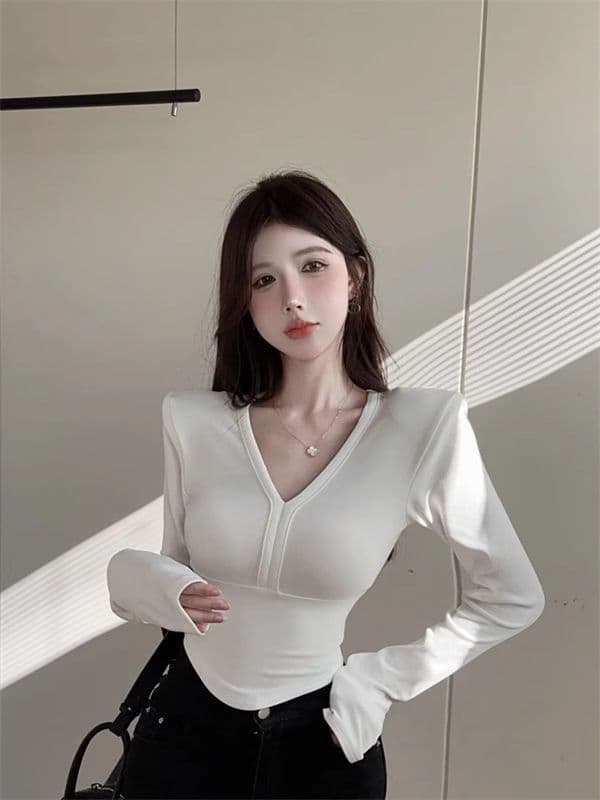 가을 겨울 새로운 두꺼운 연삭 털 De 플러시 인사이드 잡아라. 의류 여성 섹시함 낮은 가슴 V넥 몸매 가꾸기 긴팔 긍정적 인 어깨 티셔츠 쇼트 스타일 상세 이미지 18
