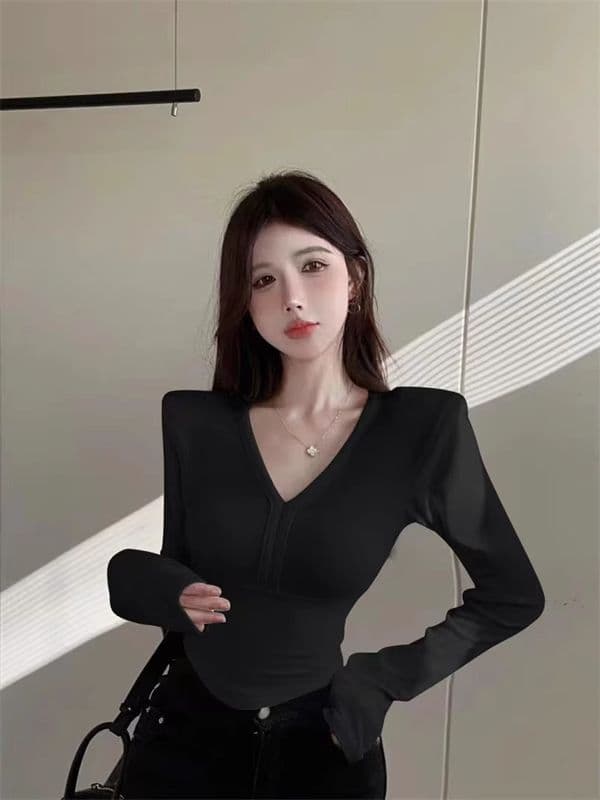 가을 겨울 새로운 두꺼운 연삭 털 De 플러시 인사이드 잡아라. 의류 여성 섹시함 낮은 가슴 V넥 몸매 가꾸기 긴팔 긍정적 인 어깨 티셔츠 쇼트 스타일 상세 이미지 32
