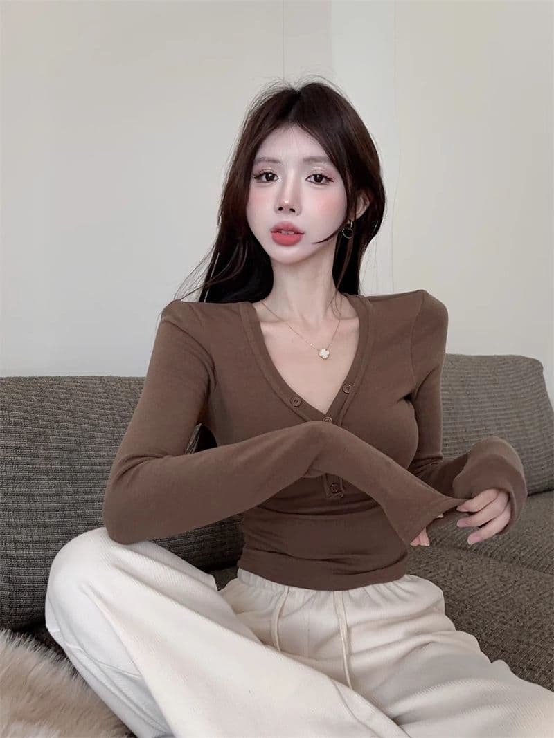 De 플러시 순수한 욕망 달콤한 핫걸 섹시함 V넥 맨위 여성 가을 타이트 긴팔 티셔츠 연삭 털 털이 있는 기본 셔츠 인사이드 가져 가라. 상세 이미지 2
