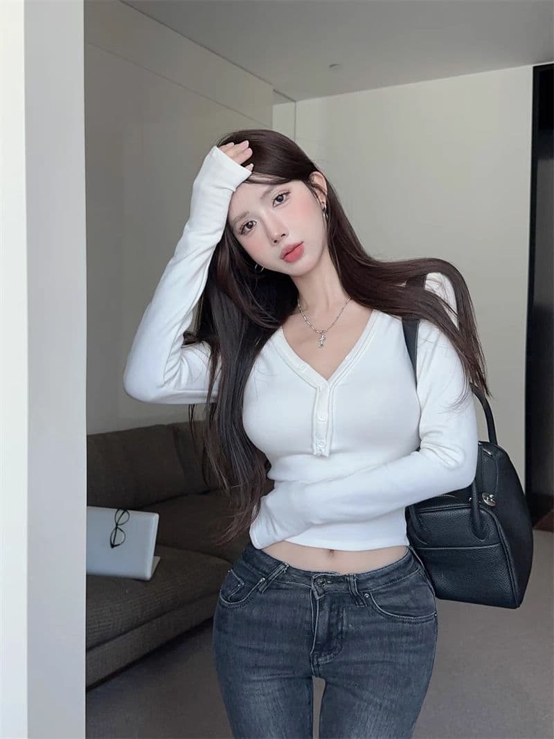 De 플러시 순수한 욕망 달콤한 핫걸 섹시함 V넥 맨위 여성 가을 타이트 긴팔 티셔츠 연삭 털 털이 있는 기본 셔츠 인사이드 가져 가라. 상세 이미지 6
