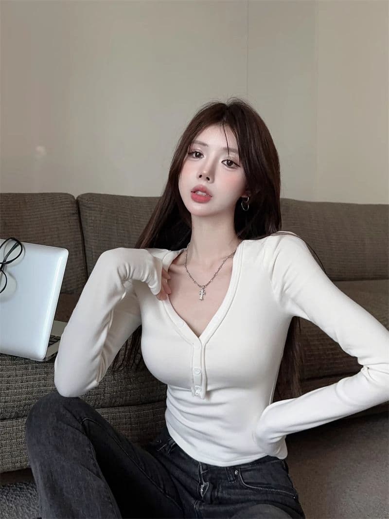 De 플러시 순수한 욕망 달콤한 핫걸 섹시함 V넥 맨위 여성 가을 타이트 긴팔 티셔츠 연삭 털 털이 있는 기본 셔츠 인사이드 가져 가라. 상세 이미지 10