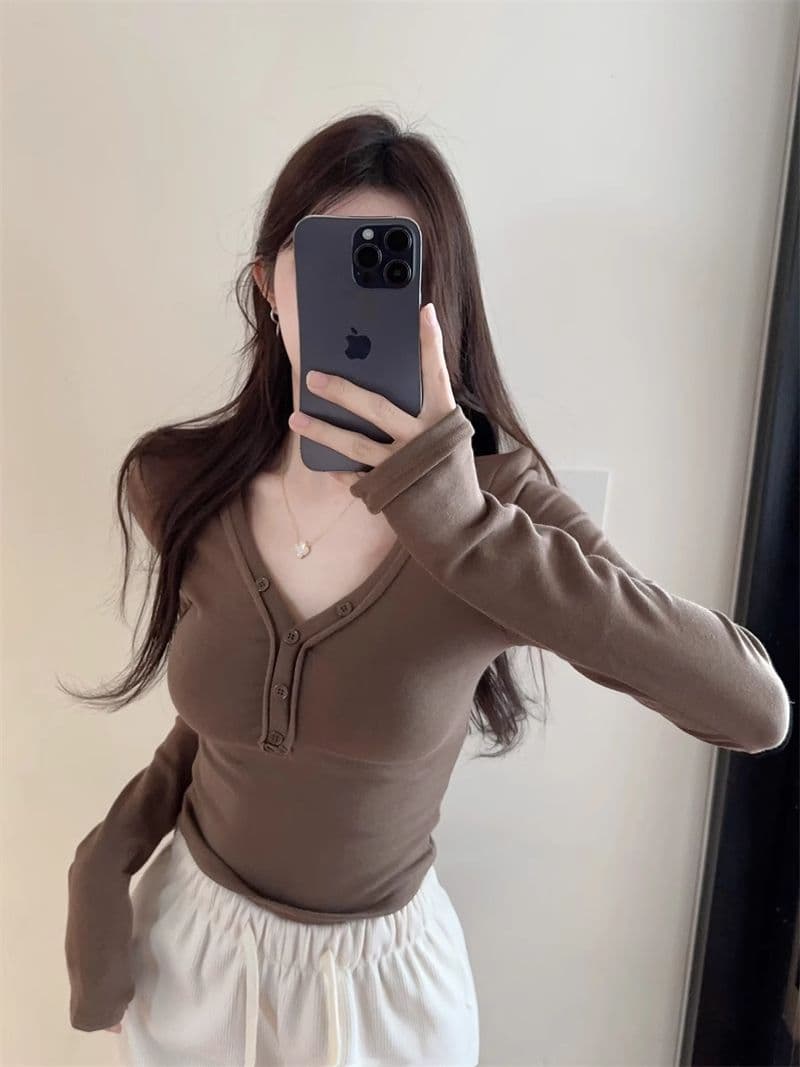 De 플러시 순수한 욕망 달콤한 핫걸 섹시함 V넥 맨위 여성 가을 타이트 긴팔 티셔츠 연삭 털 털이 있는 기본 셔츠 인사이드 가져 가라. 상세 이미지 12