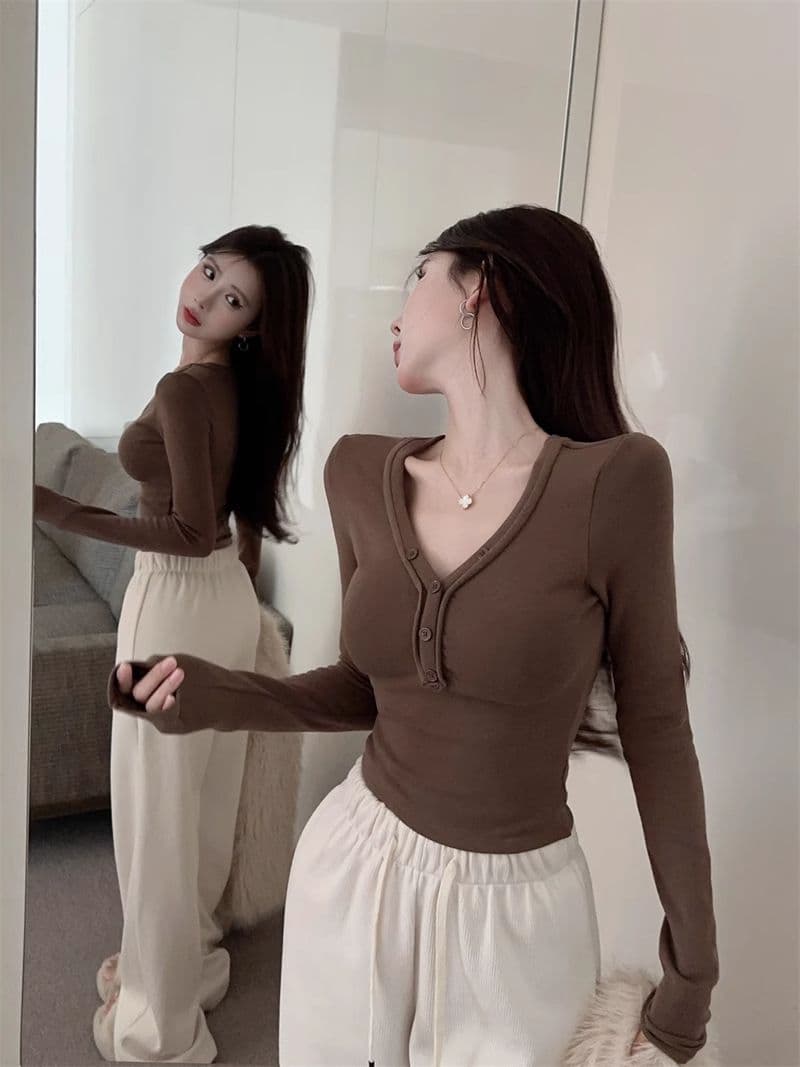 De 플러시 순수한 욕망 달콤한 핫걸 섹시함 V넥 맨위 여성 가을 타이트 긴팔 티셔츠 연삭 털 털이 있는 기본 셔츠 인사이드 가져 가라. 상세 이미지 14