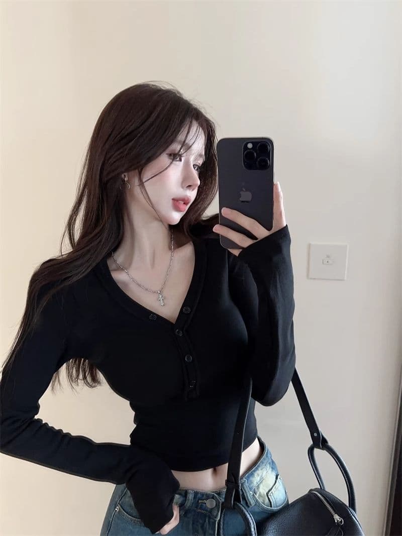 De 플러시 순수한 욕망 달콤한 핫걸 섹시함 V넥 맨위 여성 가을 타이트 긴팔 티셔츠 연삭 털 털이 있는 기본 셔츠 인사이드 가져 가라. 상세 이미지 17