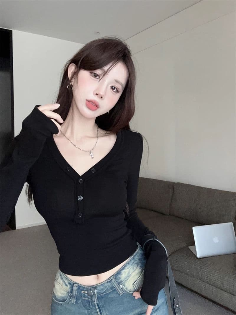 De 플러시 순수한 욕망 달콤한 핫걸 섹시함 V넥 맨위 여성 가을 타이트 긴팔 티셔츠 연삭 털 털이 있는 기본 셔츠 인사이드 가져 가라. 상세 이미지 19