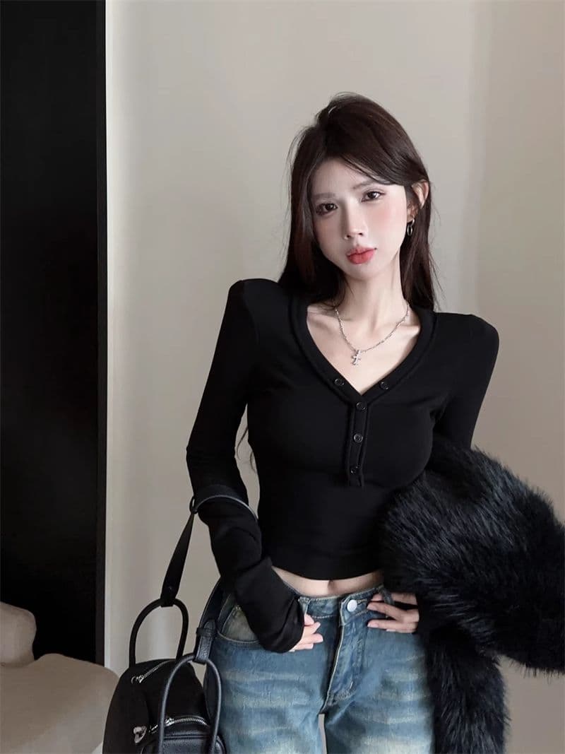 De 플러시 순수한 욕망 달콤한 핫걸 섹시함 V넥 맨위 여성 가을 타이트 긴팔 티셔츠 연삭 털 털이 있는 기본 셔츠 인사이드 가져 가라. 상세 이미지 22