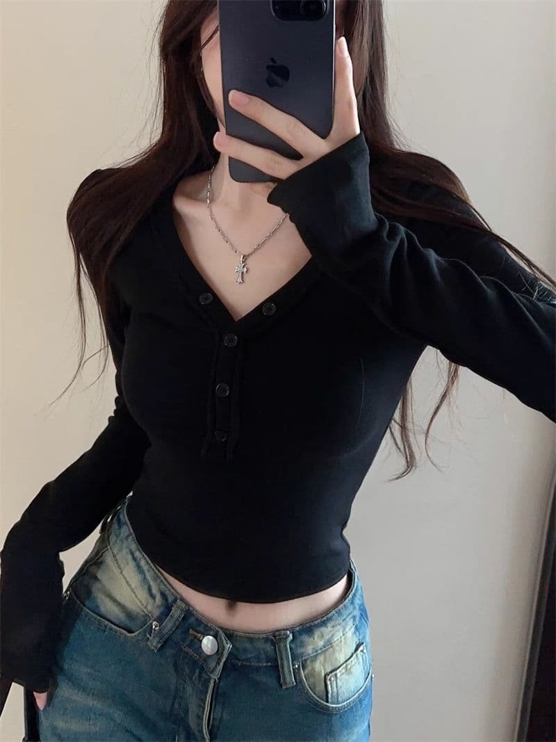 De 플러시 순수한 욕망 달콤한 핫걸 섹시함 V넥 맨위 여성 가을 타이트 긴팔 티셔츠 연삭 털 털이 있는 기본 셔츠 인사이드 가져 가라. 상세 이미지 25