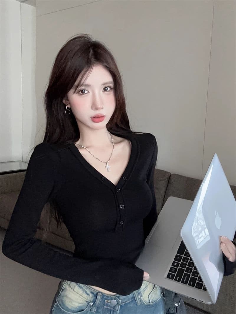 De 플러시 순수한 욕망 달콤한 핫걸 섹시함 V넥 맨위 여성 가을 타이트 긴팔 티셔츠 연삭 털 털이 있는 기본 셔츠 인사이드 가져 가라. 상세 이미지 26