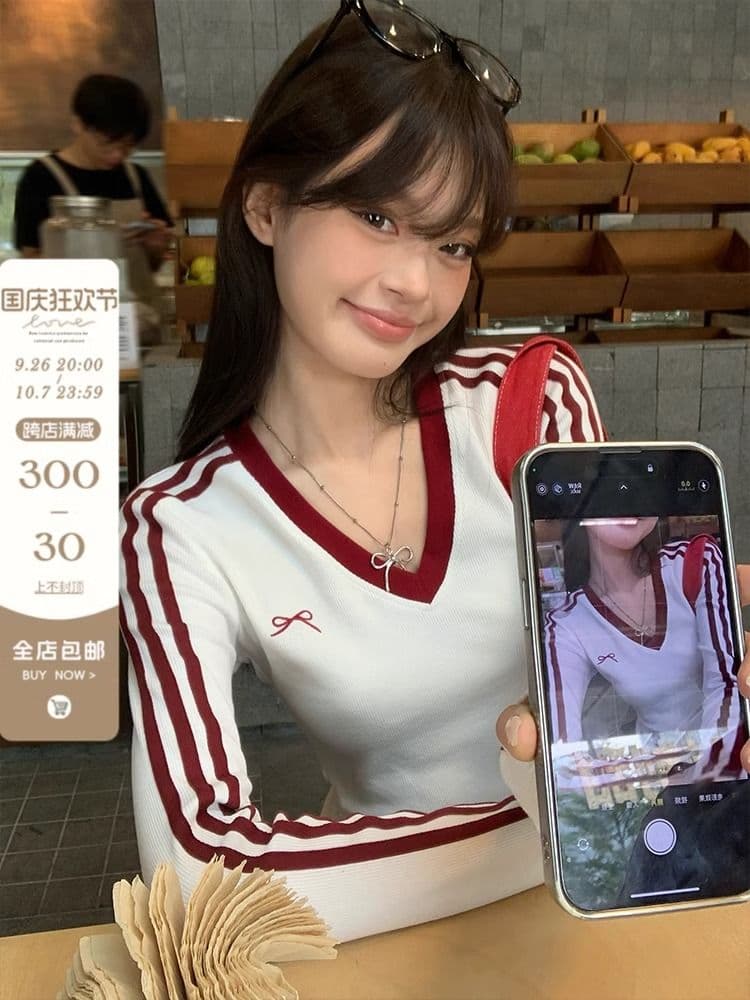 원본 디자인 센스 나비 매듭 자수 긴팔 티셔츠 여성 의류 이른 가을 배색 몸매 가꾸기 슬림해 보이는 풀오버 맨위 이미지 2