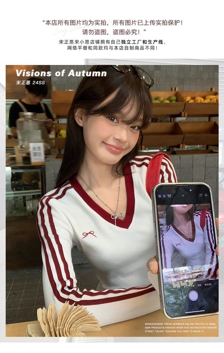 원본 디자인 센스 나비 매듭 자수 긴팔 티셔츠 여성 의류 이른 가을 배색 몸매 가꾸기 슬림해 보이는 풀오버 맨위 상세 이미지 1