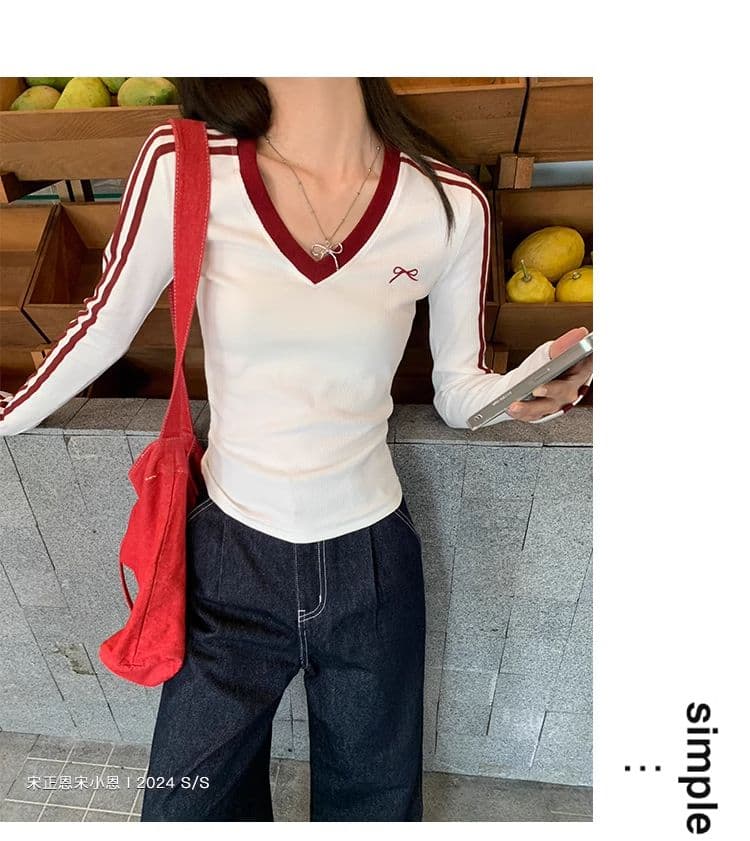 원본 디자인 센스 나비 매듭 자수 긴팔 티셔츠 여성 의류 이른 가을 배색 몸매 가꾸기 슬림해 보이는 풀오버 맨위 상세 이미지 9