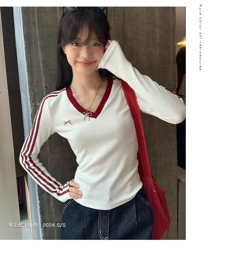 원본 디자인 센스 나비 매듭 자수 긴팔 티셔츠 여성 의류 이른 가을 배색 몸매 가꾸기 슬림해 보이는 풀오버 맨위 상세 이미지 10