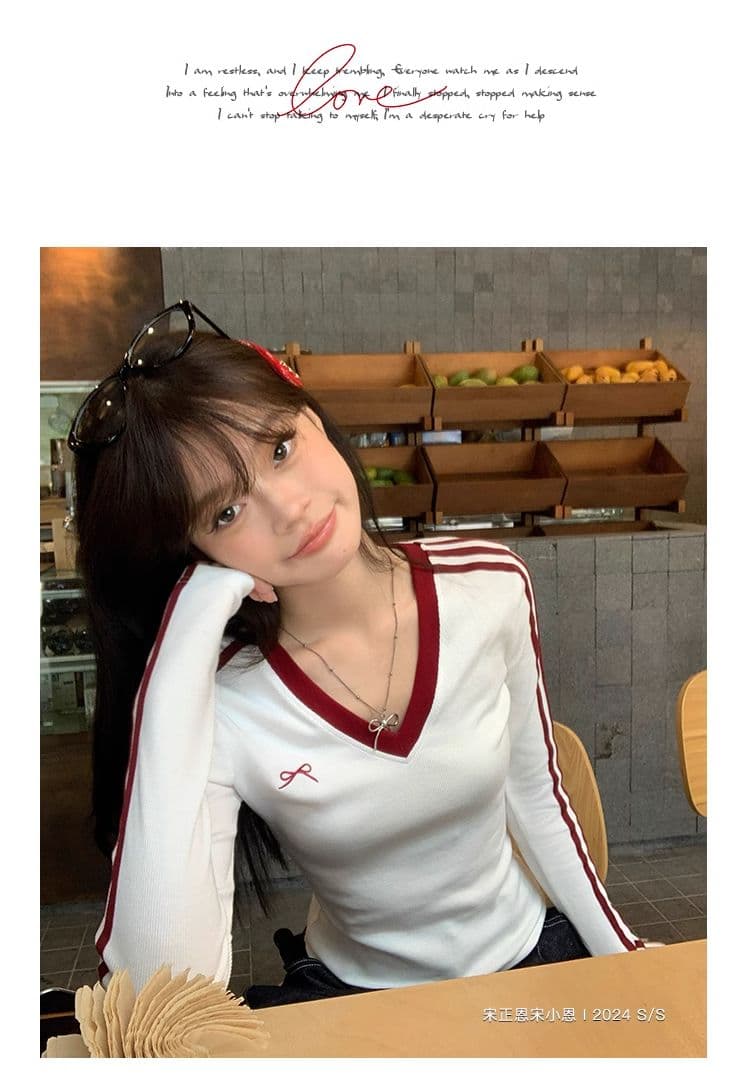 원본 디자인 센스 나비 매듭 자수 긴팔 티셔츠 여성 의류 이른 가을 배색 몸매 가꾸기 슬림해 보이는 풀오버 맨위 상세 이미지 12