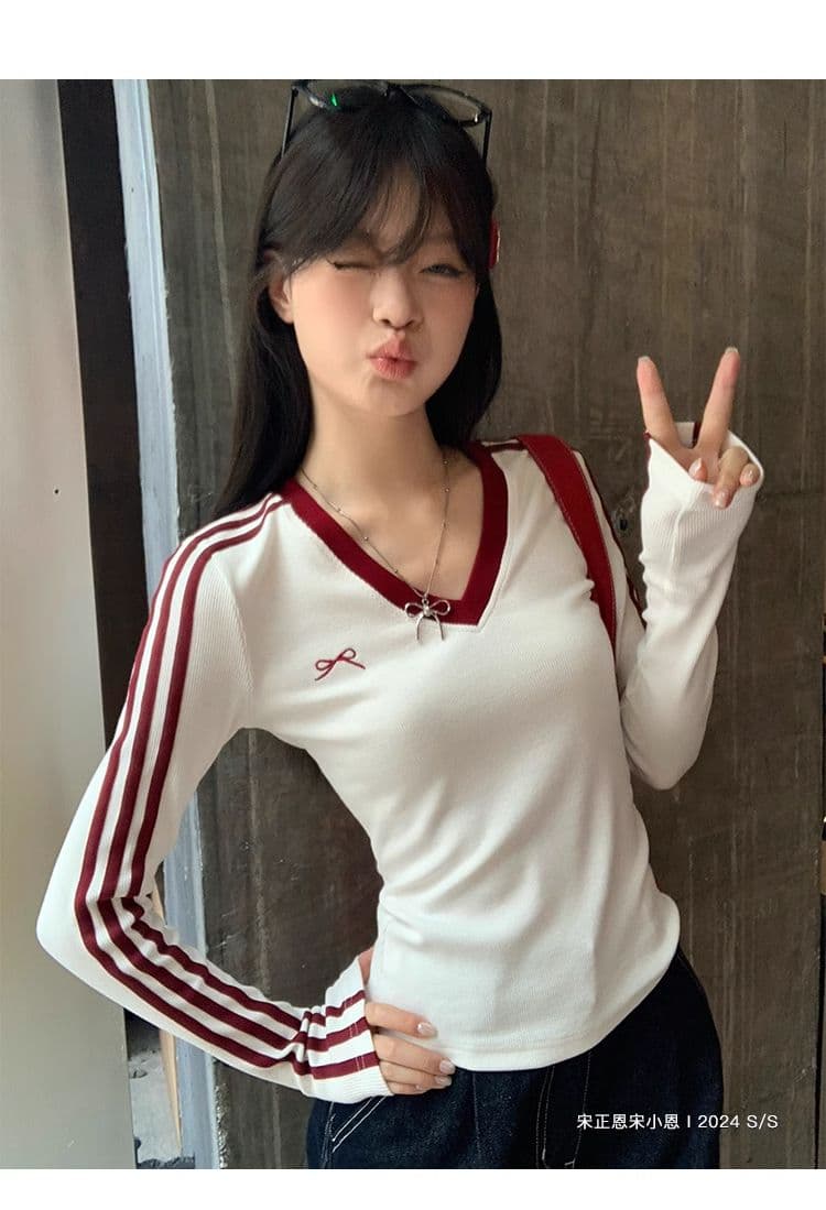 원본 디자인 센스 나비 매듭 자수 긴팔 티셔츠 여성 의류 이른 가을 배색 몸매 가꾸기 슬림해 보이는 풀오버 맨위 상세 이미지 14
