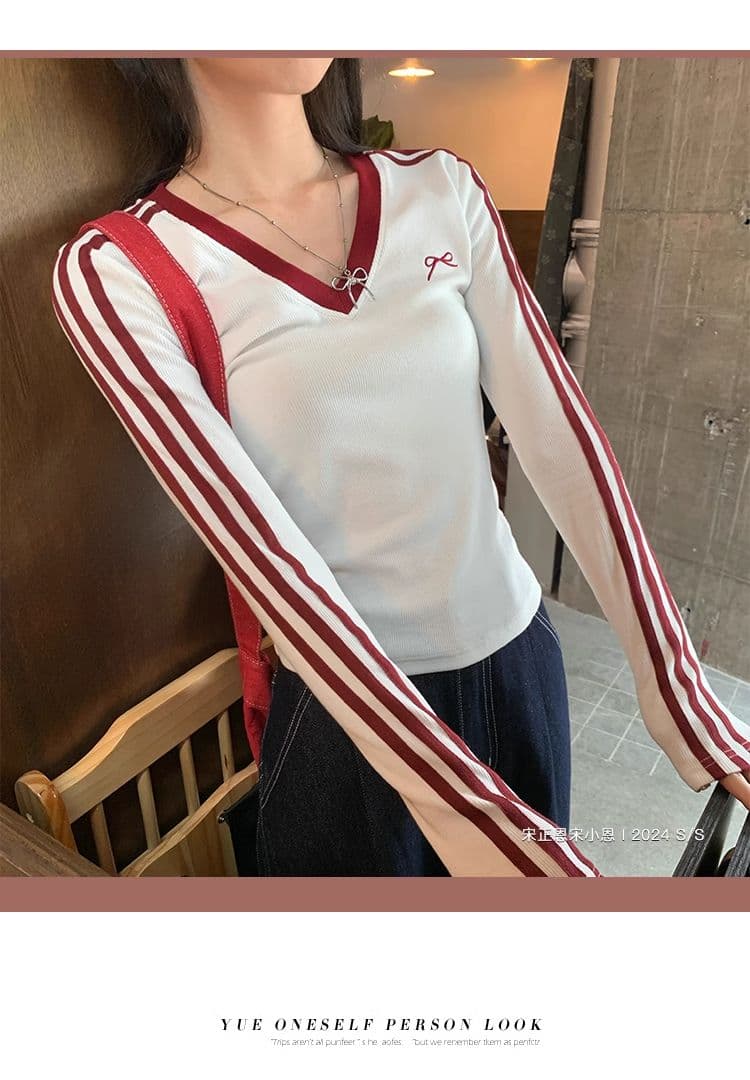 원본 디자인 센스 나비 매듭 자수 긴팔 티셔츠 여성 의류 이른 가을 배색 몸매 가꾸기 슬림해 보이는 풀오버 맨위 상세 이미지 16