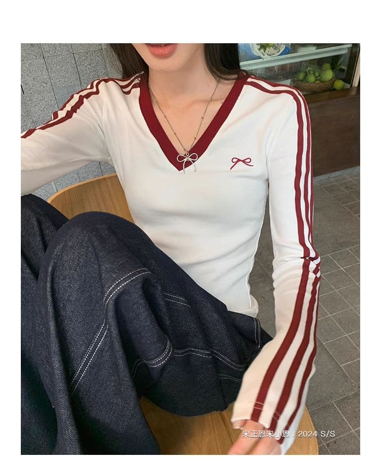 원본 디자인 센스 나비 매듭 자수 긴팔 티셔츠 여성 의류 이른 가을 배색 몸매 가꾸기 슬림해 보이는 풀오버 맨위 상세 이미지 20