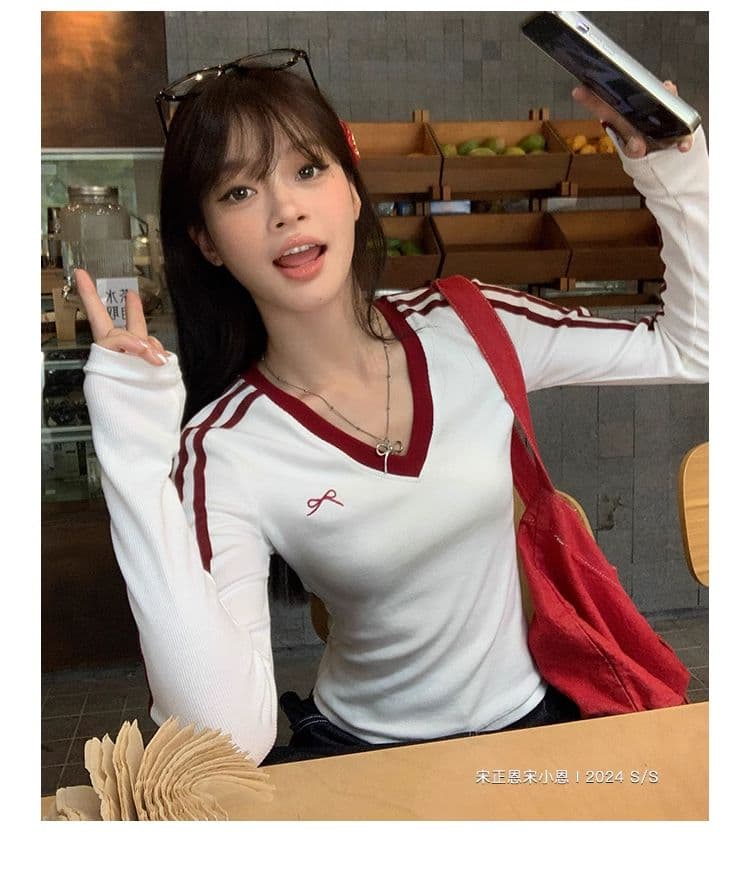 원본 디자인 센스 나비 매듭 자수 긴팔 티셔츠 여성 의류 이른 가을 배색 몸매 가꾸기 슬림해 보이는 풀오버 맨위 상세 이미지 21