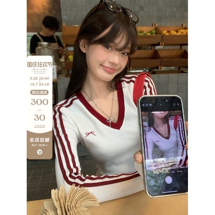 원본 디자인 센스 나비 매듭 자수 긴팔 티셔츠 여성 의류 이른 가을 배색 몸매 가꾸기 슬림해 보이는 풀오버 맨위 상세 이미지 23