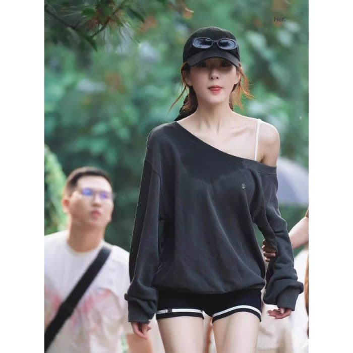 원본 레트로 비스듬한 어깨 오프숄더 가을 새로운 루즈핏 풀오버 스웨트셔츠 긴팔 패션 느긋한 느슨함 센스 맨위 상세 이미지 21