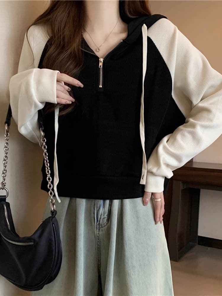 ins 슈퍼 화재 하프 지퍼 후드 티 스웨터 여성 봄 얇은 스타일 루즈핏 작은 키 쇼트 스타일 삽입 어깨 소매 맨위 조수 브랜드 이미지 2