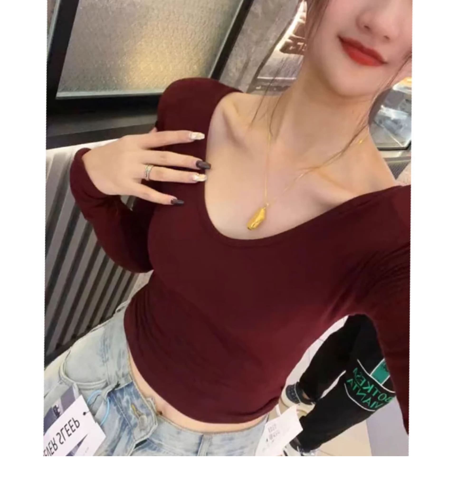 De 플러시 봄 새로운 V넥 쇼트 스타일 긴팔 티셔츠 여성 몸매 가꾸기 슬림해 보이는 인사이드 가져 가라. 단색 외국 가스 기본 셔츠 맨위 상세 이미지 12