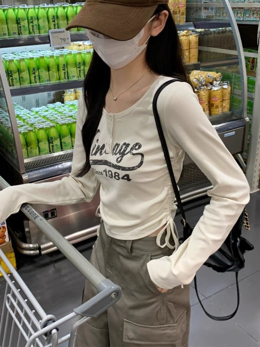 40 1 1 리브 면 아메리칸 달콤한 매운맛 펌프 로프 여성 반 개방 칼라 긴팔 가을 긍정적 인 어깨 허리 수축 만나는 맨위 이미지 2