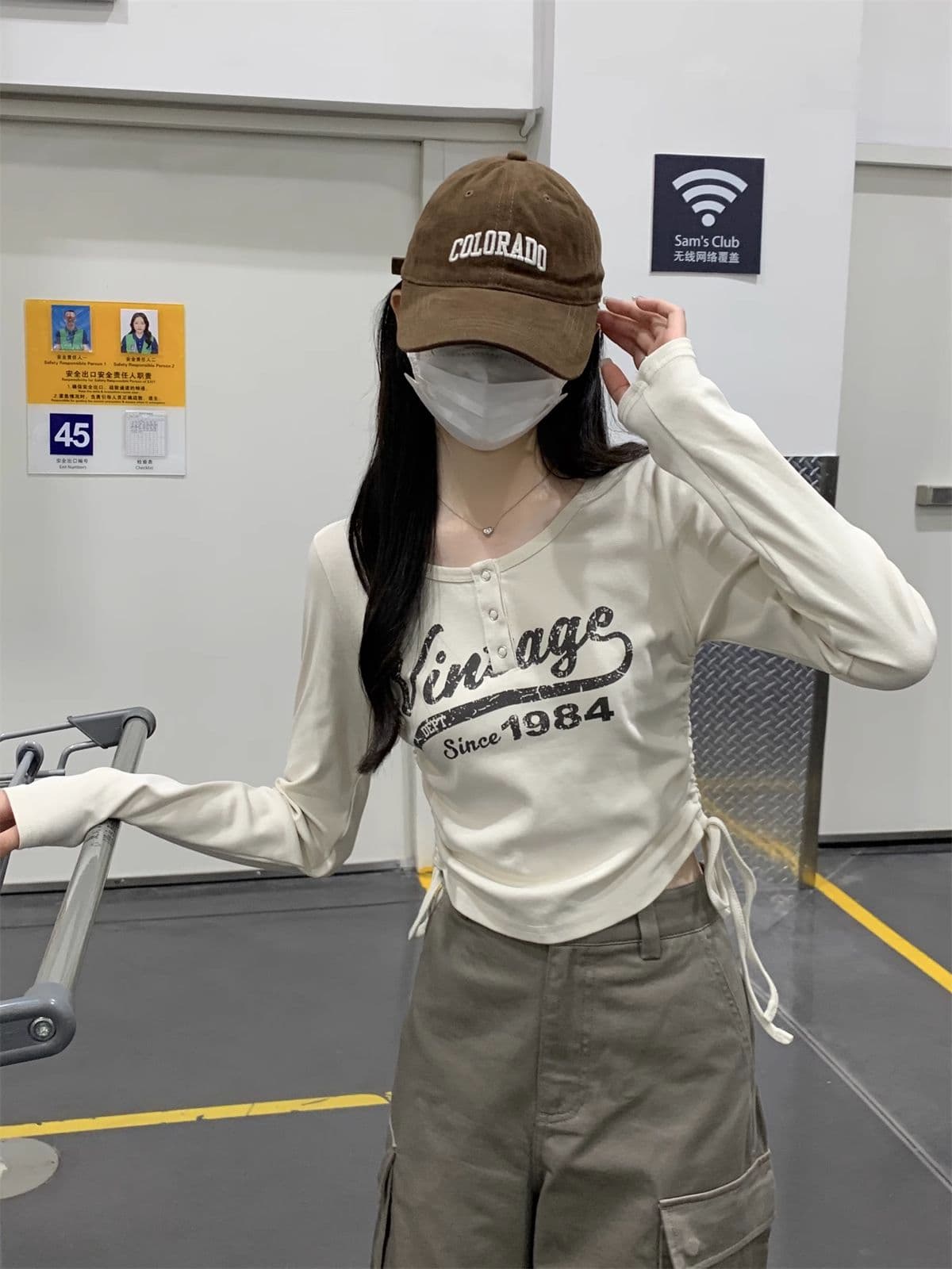 40 1 1 리브 면 아메리칸 달콤한 매운맛 펌프 로프 여성 반 개방 칼라 긴팔 가을 긍정적 인 어깨 허리 수축 만나는 맨위 상세 이미지 2