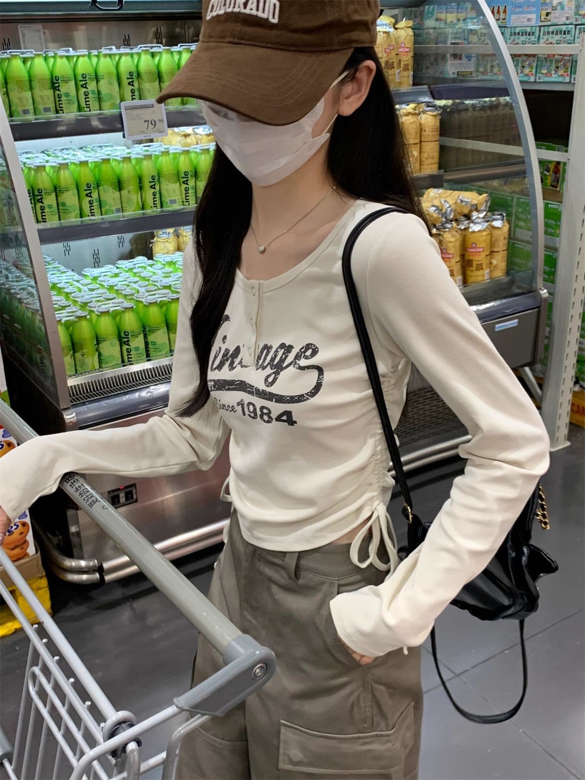 40 1 1 리브 면 아메리칸 달콤한 매운맛 펌프 로프 여성 반 개방 칼라 긴팔 가을 긍정적 인 어깨 허리 수축 만나는 맨위 상세 이미지 10