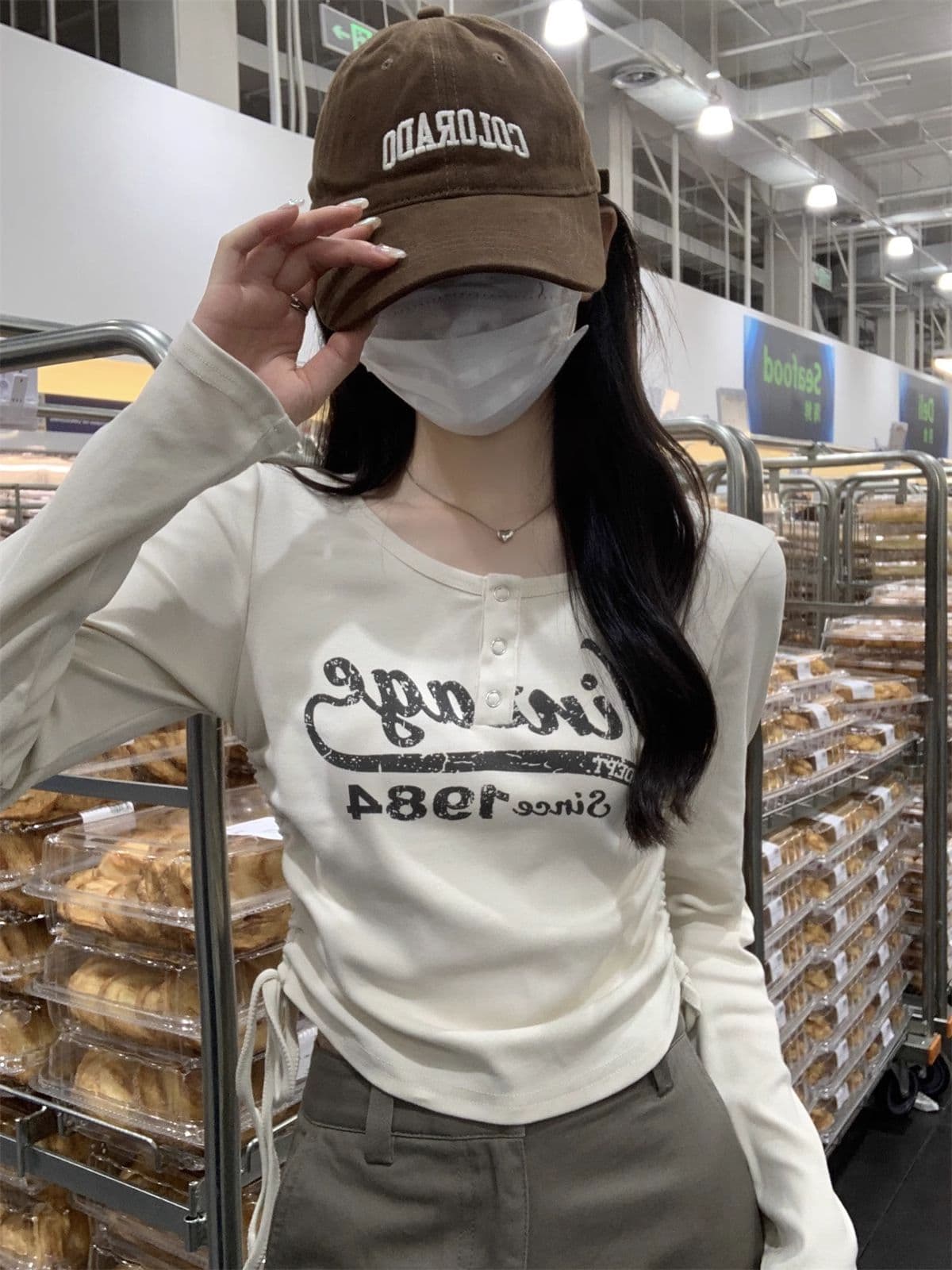 40 1 1 리브 면 아메리칸 달콤한 매운맛 펌프 로프 여성 반 개방 칼라 긴팔 가을 긍정적 인 어깨 허리 수축 만나는 맨위 상세 이미지 15