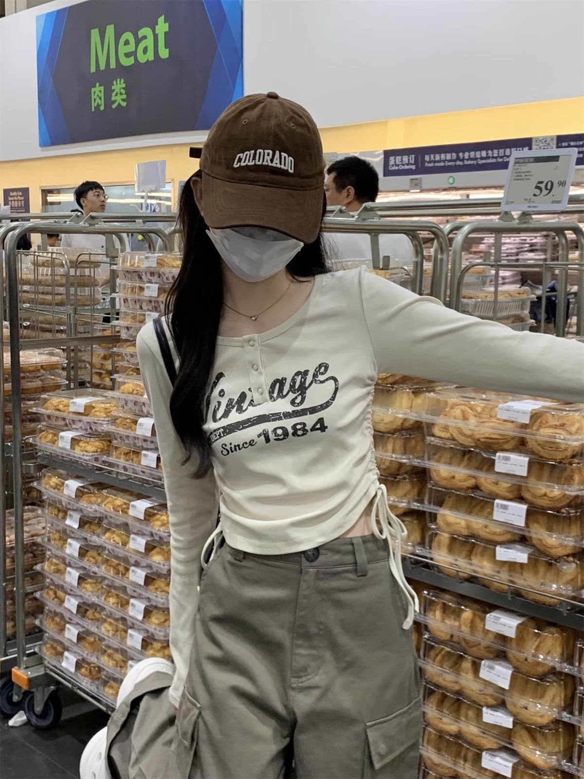 40 1 1 리브 면 아메리칸 달콤한 매운맛 펌프 로프 여성 반 개방 칼라 긴팔 가을 긍정적 인 어깨 허리 수축 만나는 맨위 상세 이미지 16