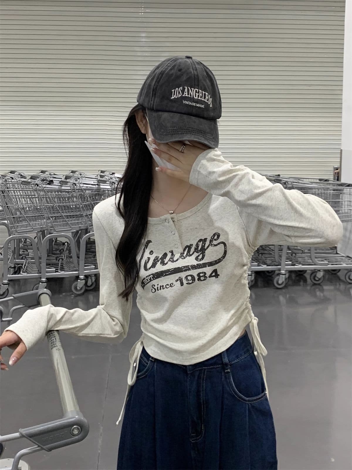 40 1 1 리브 면 아메리칸 달콤한 매운맛 펌프 로프 여성 반 개방 칼라 긴팔 가을 긍정적 인 어깨 허리 수축 만나는 맨위 상세 이미지 18
