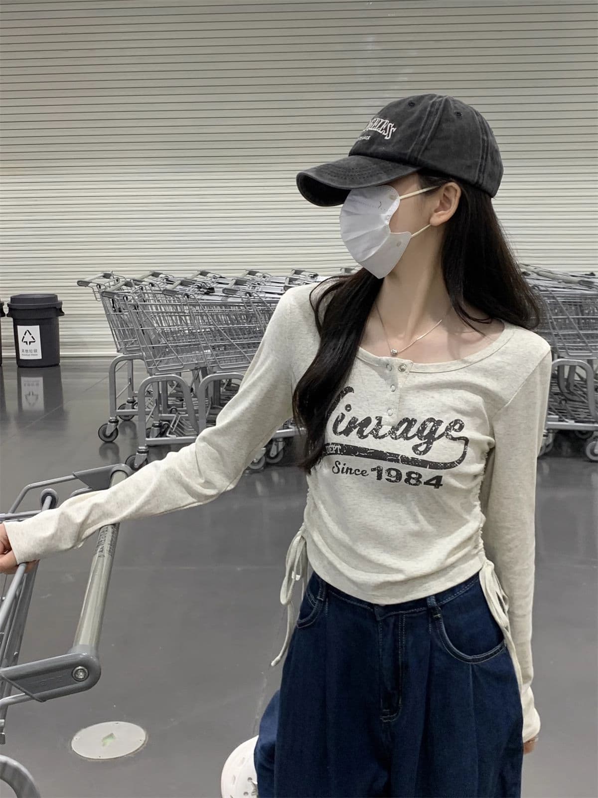 40 1 1 리브 면 아메리칸 달콤한 매운맛 펌프 로프 여성 반 개방 칼라 긴팔 가을 긍정적 인 어깨 허리 수축 만나는 맨위 상세 이미지 19