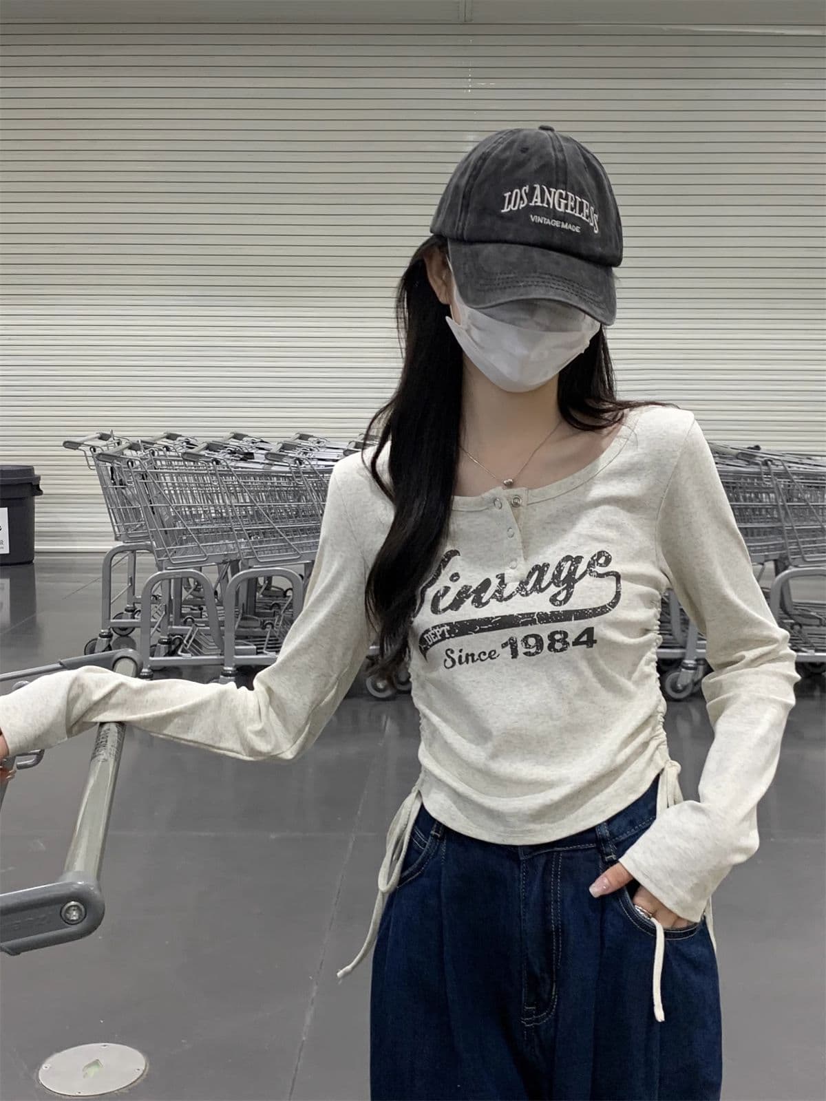 40 1 1 리브 면 아메리칸 달콤한 매운맛 펌프 로프 여성 반 개방 칼라 긴팔 가을 긍정적 인 어깨 허리 수축 만나는 맨위 상세 이미지 20