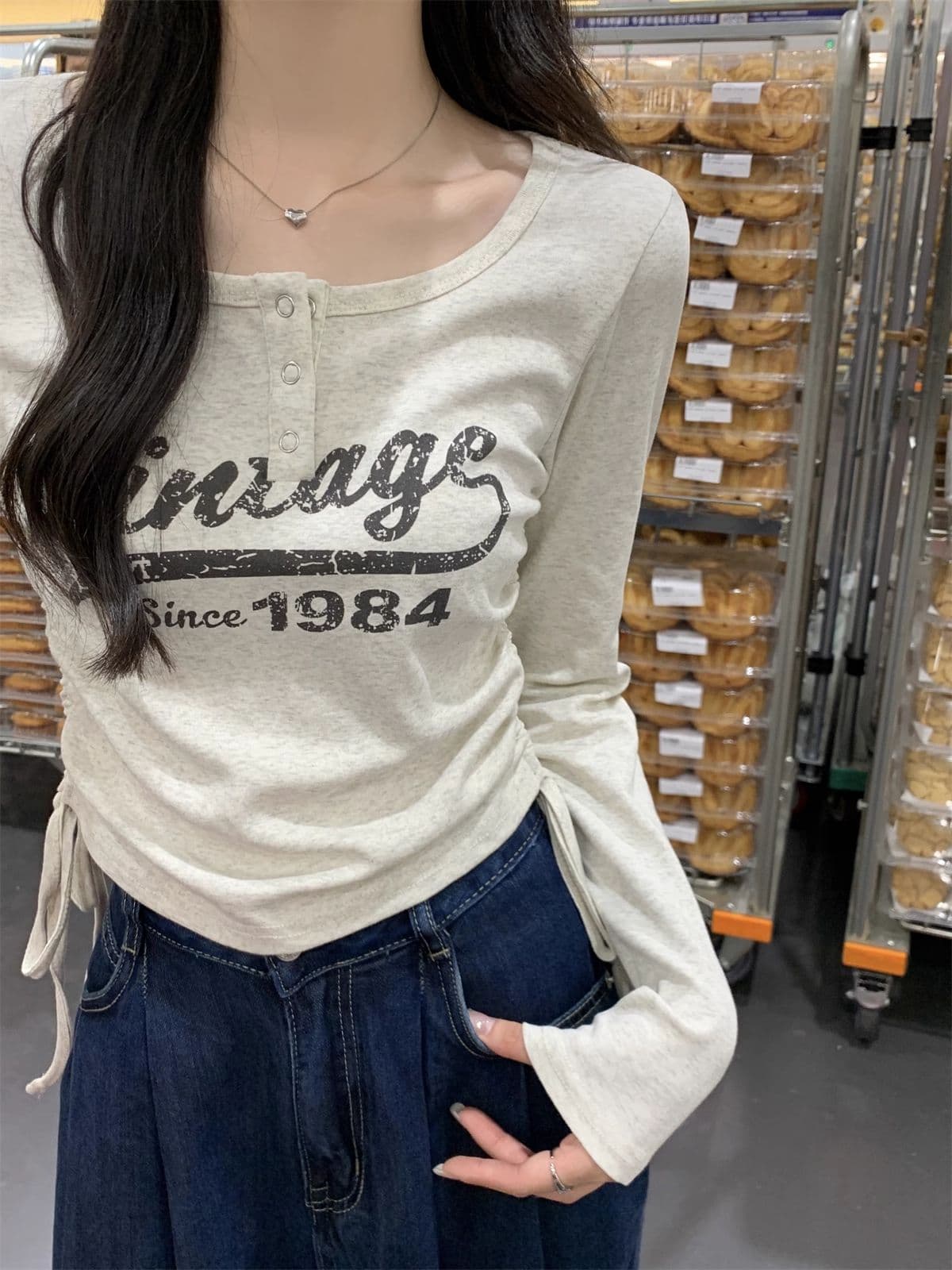 40 1 1 리브 면 아메리칸 달콤한 매운맛 펌프 로프 여성 반 개방 칼라 긴팔 가을 긍정적 인 어깨 허리 수축 만나는 맨위 상세 이미지 30