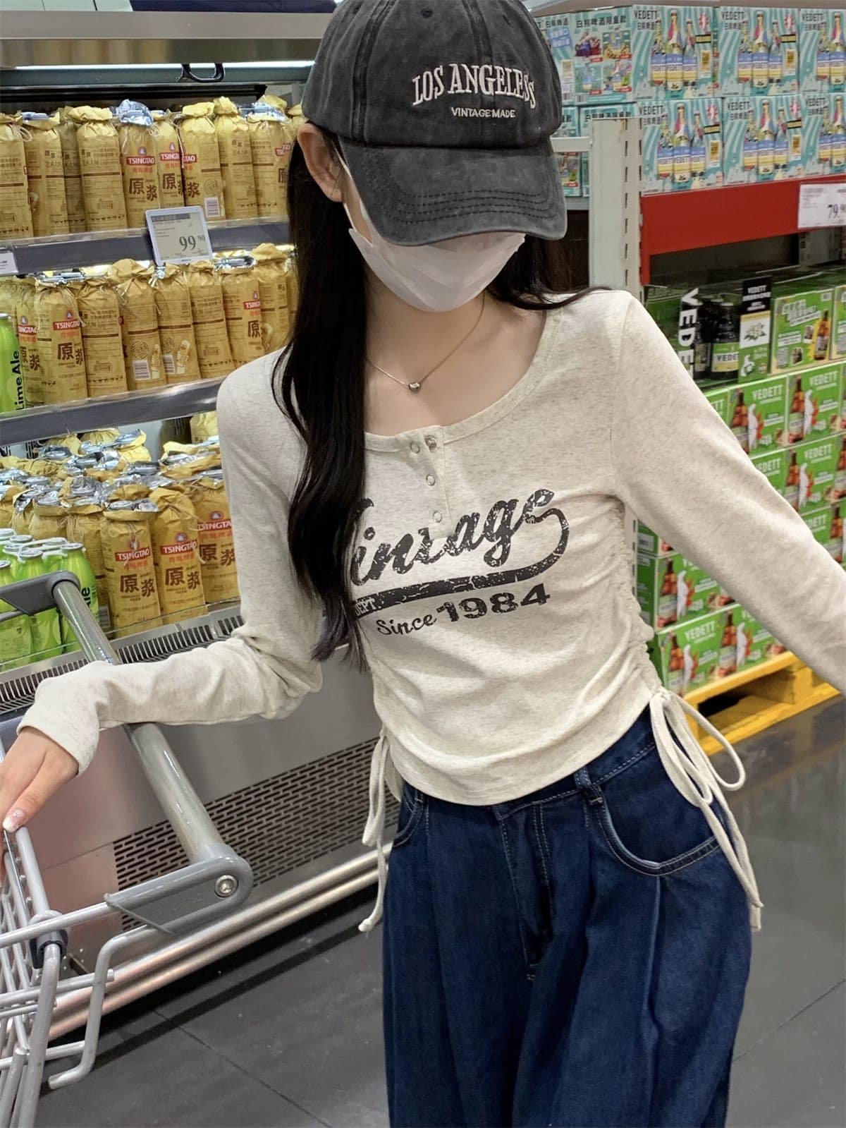 40 1 1 리브 면 아메리칸 달콤한 매운맛 펌프 로프 여성 반 개방 칼라 긴팔 가을 긍정적 인 어깨 허리 수축 만나는 맨위 상세 이미지 32