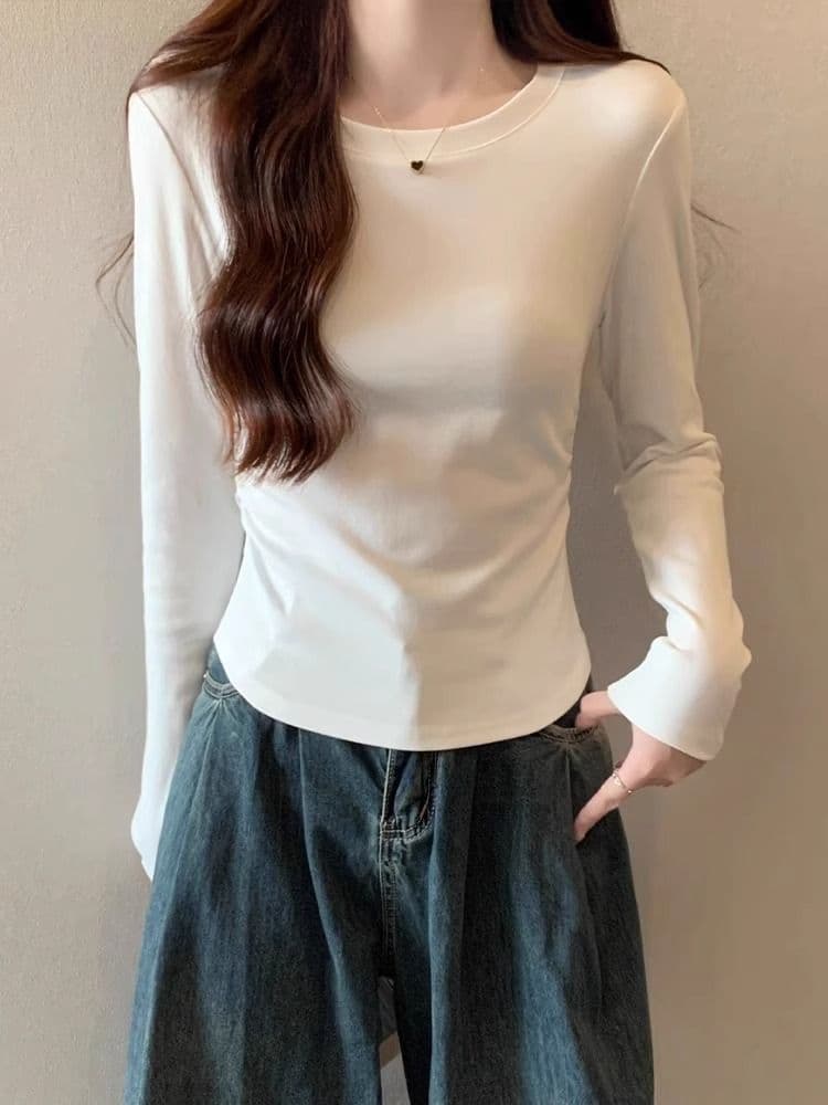 40 1 1 리브 면 아메리칸 긍정적 인 어깨 긴팔 기본 셔츠 맨위 여성 가을 새로운 다용도 몸매 가꾸기 인사이드 가져 가라. 상세 이미지 4