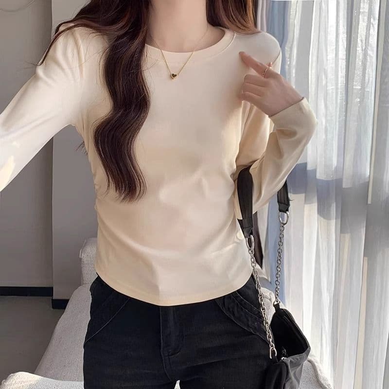40 1 1 리브 면 아메리칸 긍정적 인 어깨 긴팔 기본 셔츠 맨위 여성 가을 새로운 다용도 몸매 가꾸기 인사이드 가져 가라. 상세 이미지 9