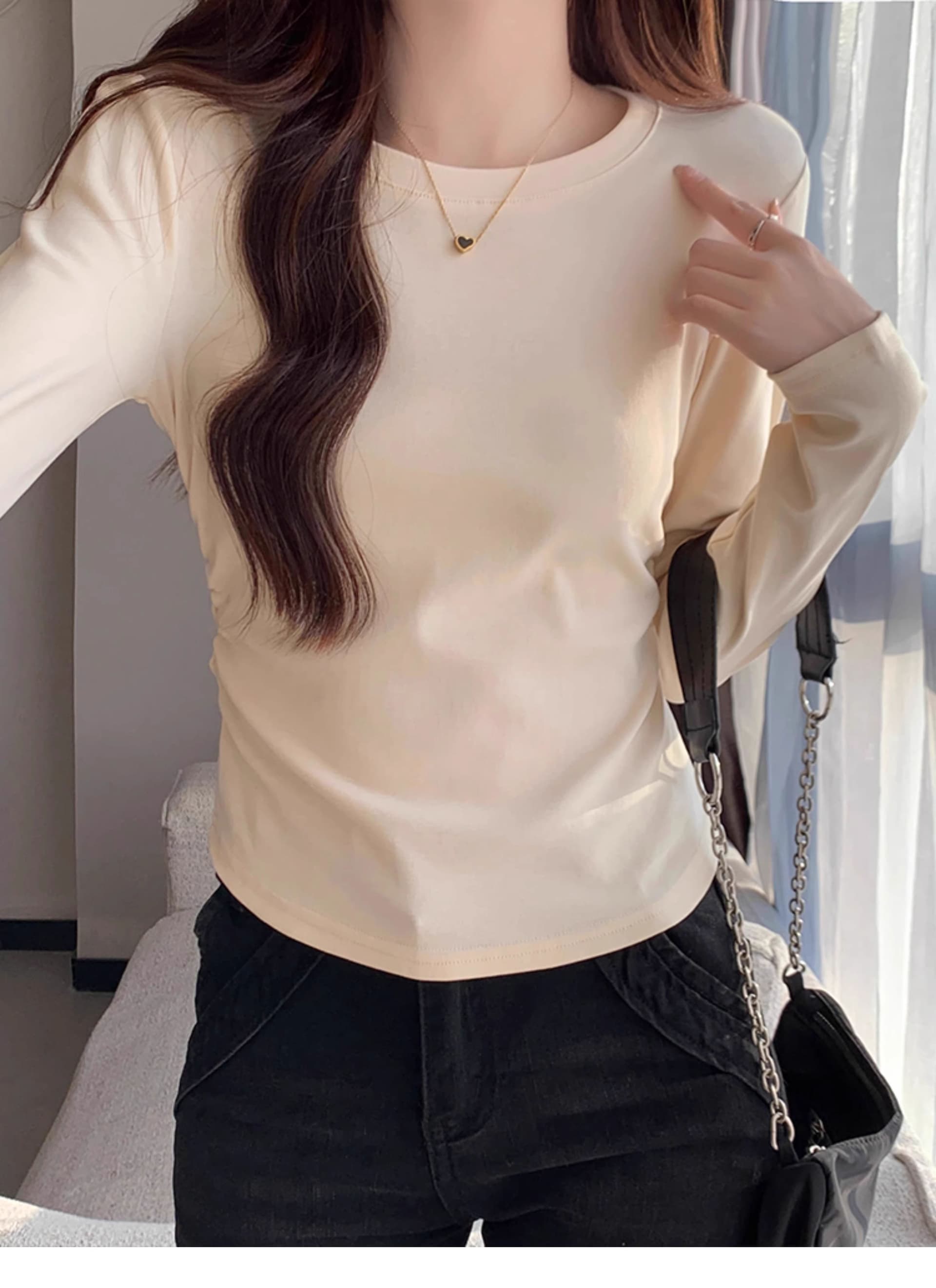 40 1 1 리브 면 아메리칸 긍정적 인 어깨 긴팔 기본 셔츠 맨위 여성 가을 새로운 다용도 몸매 가꾸기 인사이드 가져 가라. 상세 이미지 12