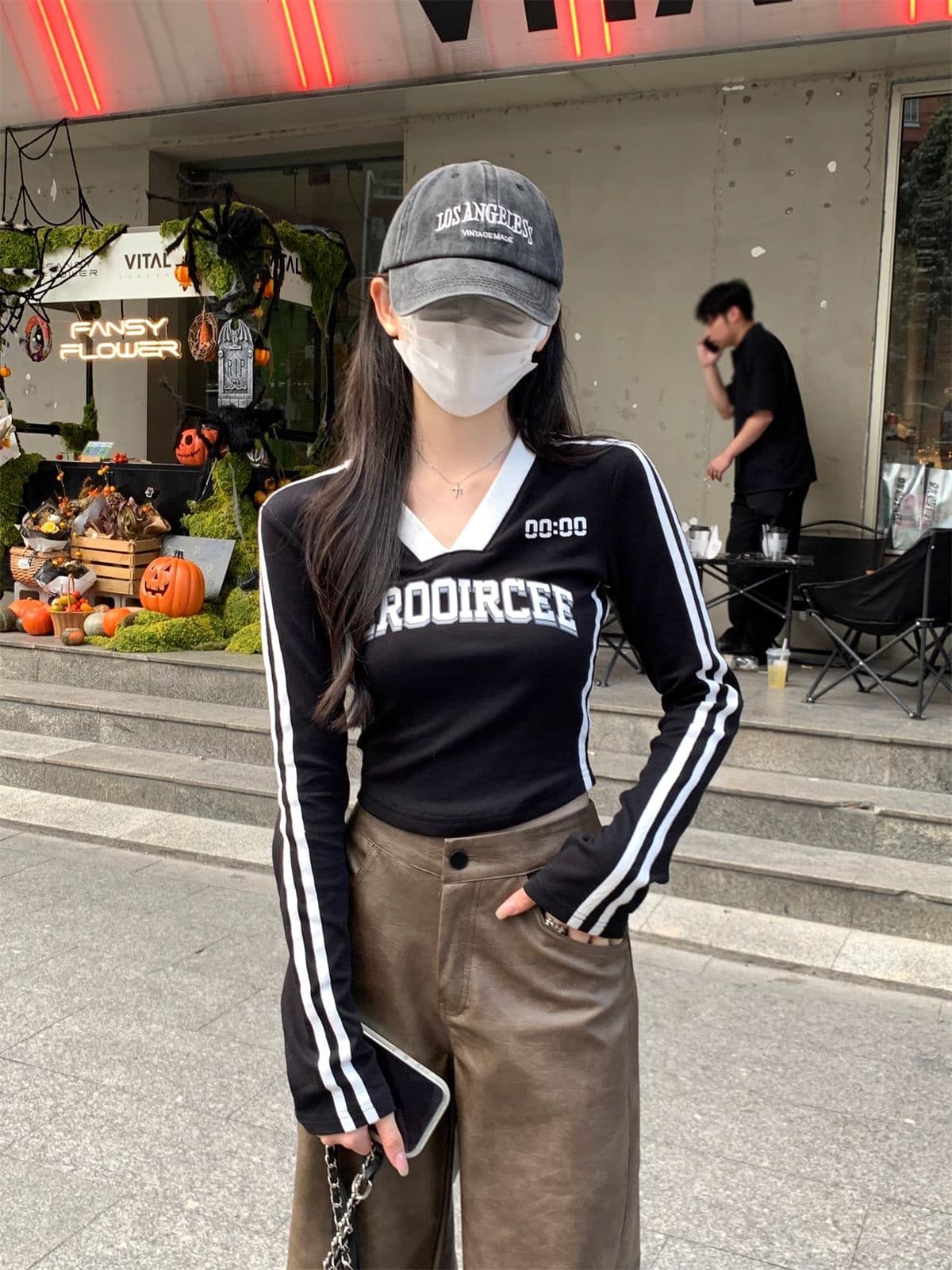 40 1 1 리브 면 가을 여성 의류 새로운 몸매 가꾸기 V넥 알파벳 프린트 기본 셔츠 핫걸 긴팔 티셔츠 상세 이미지 12