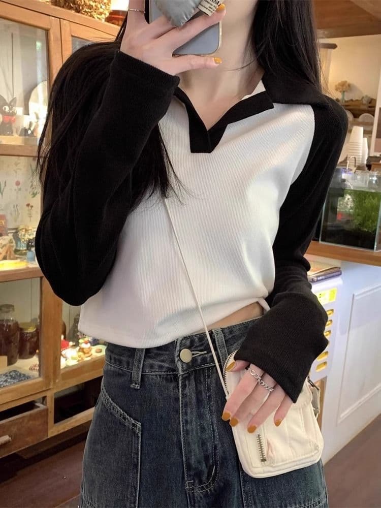 40 1 1 리브 면 한국 스타일 배색 POLO 칼라 긴팔 티셔츠 여성 가을 새로운 인터넷 유명인 몸매 가꾸기 캐주얼 맨위 이미지 3