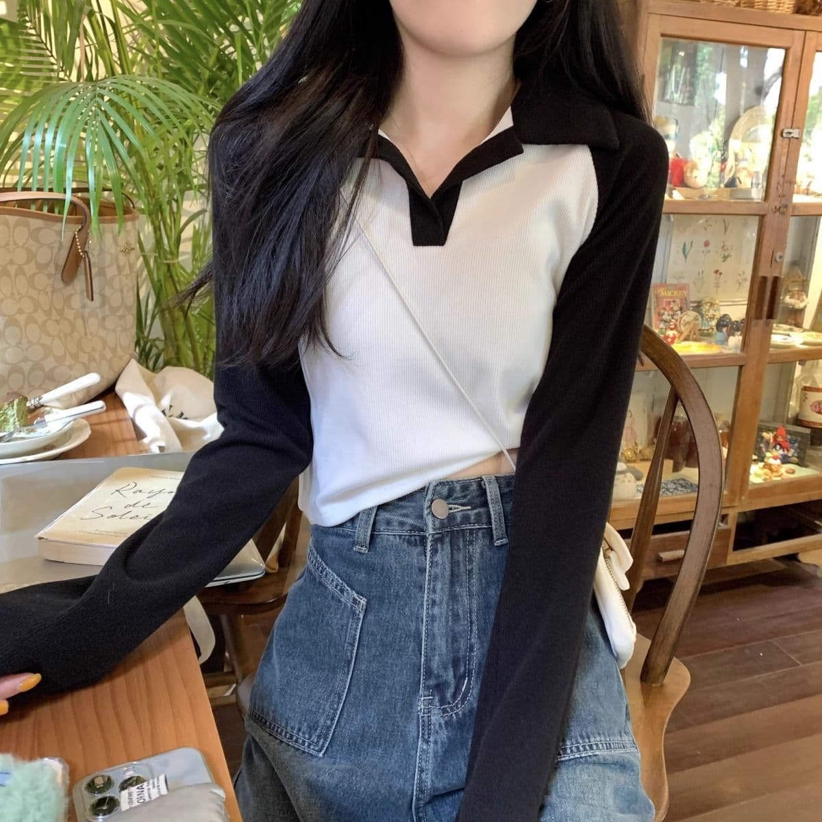 40 1 1 리브 면 한국 스타일 배색 POLO 칼라 긴팔 티셔츠 여성 가을 새로운 인터넷 유명인 몸매 가꾸기 캐주얼 맨위 상세 이미지 2