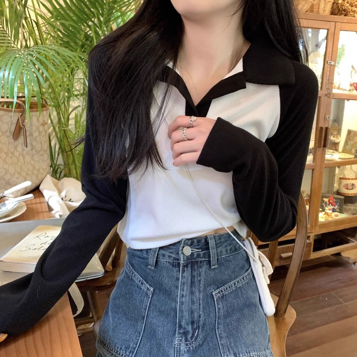 40 1 1 리브 면 한국 스타일 배색 POLO 칼라 긴팔 티셔츠 여성 가을 새로운 인터넷 유명인 몸매 가꾸기 캐주얼 맨위 상세 이미지 3