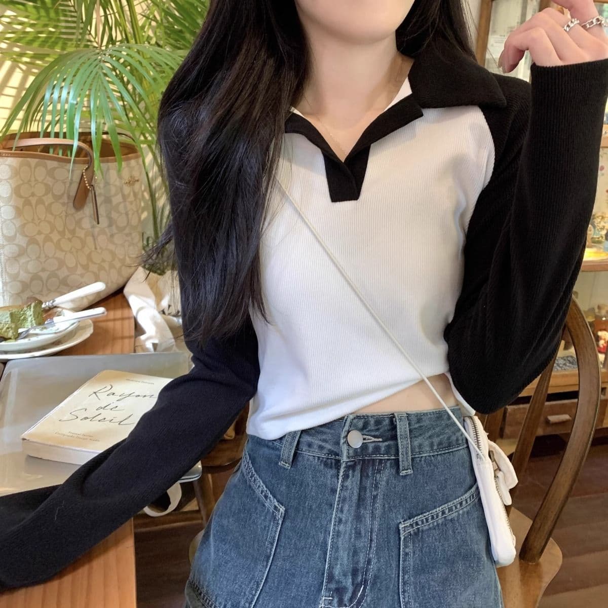 40 1 1 리브 면 한국 스타일 배색 POLO 칼라 긴팔 티셔츠 여성 가을 새로운 인터넷 유명인 몸매 가꾸기 캐주얼 맨위 상세 이미지 4