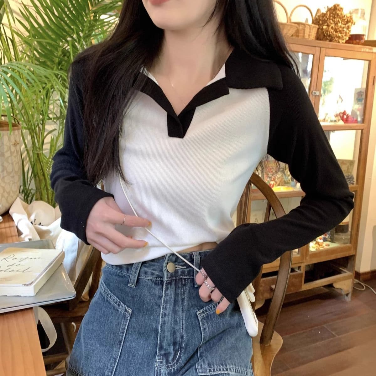 40 1 1 리브 면 한국 스타일 배색 POLO 칼라 긴팔 티셔츠 여성 가을 새로운 인터넷 유명인 몸매 가꾸기 캐주얼 맨위 상세 이미지 5