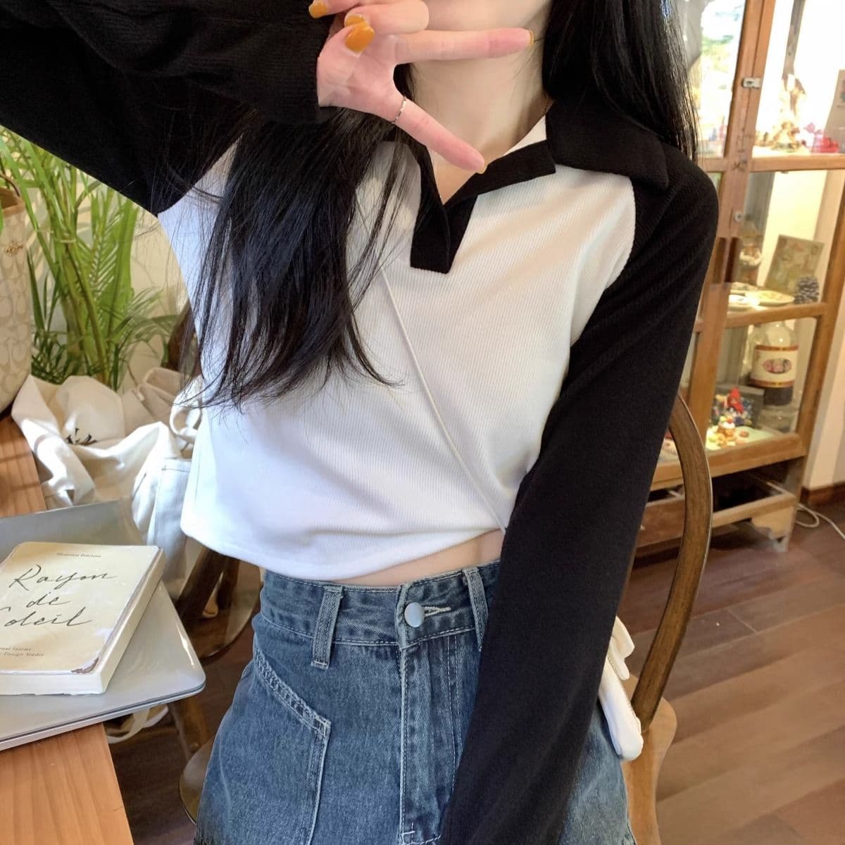 40 1 1 리브 면 한국 스타일 배색 POLO 칼라 긴팔 티셔츠 여성 가을 새로운 인터넷 유명인 몸매 가꾸기 캐주얼 맨위 상세 이미지 6