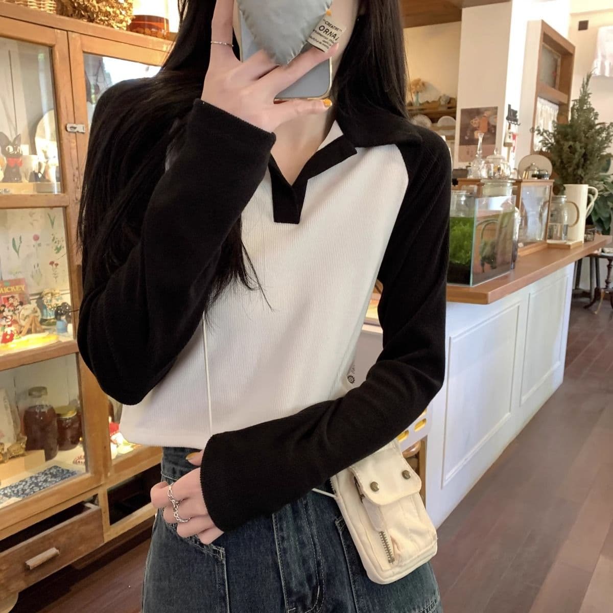 40 1 1 리브 면 한국 스타일 배색 POLO 칼라 긴팔 티셔츠 여성 가을 새로운 인터넷 유명인 몸매 가꾸기 캐주얼 맨위 상세 이미지 7